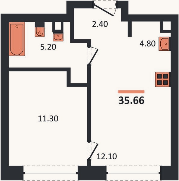 Планировка: 1-к, 35,7 м²