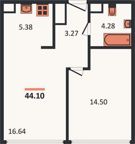 Планировка: 1-к, 44 м²