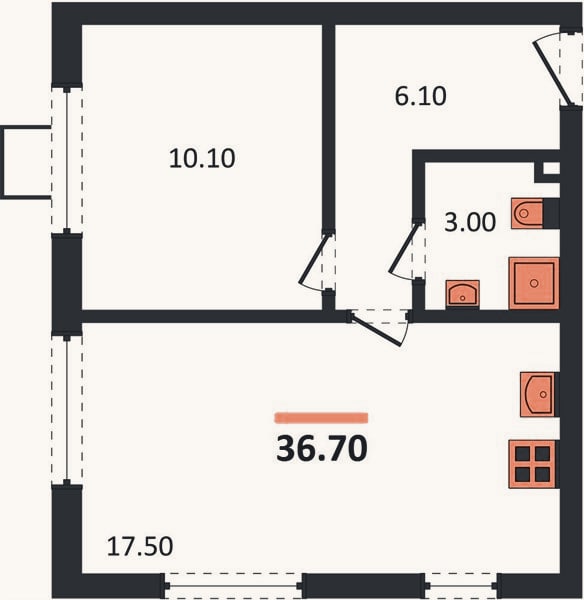 Планировка: 1-к, 36,7 м²