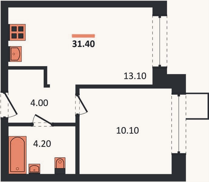 Планировка: 1-к, 31,4 м²