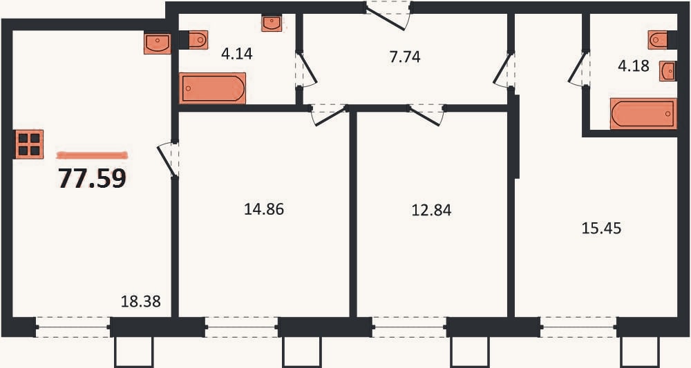 Планировка: 3-к, 77,6 м²