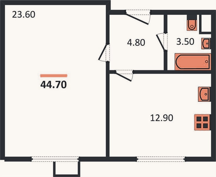 Планировка: 1-к, 44,7 м²