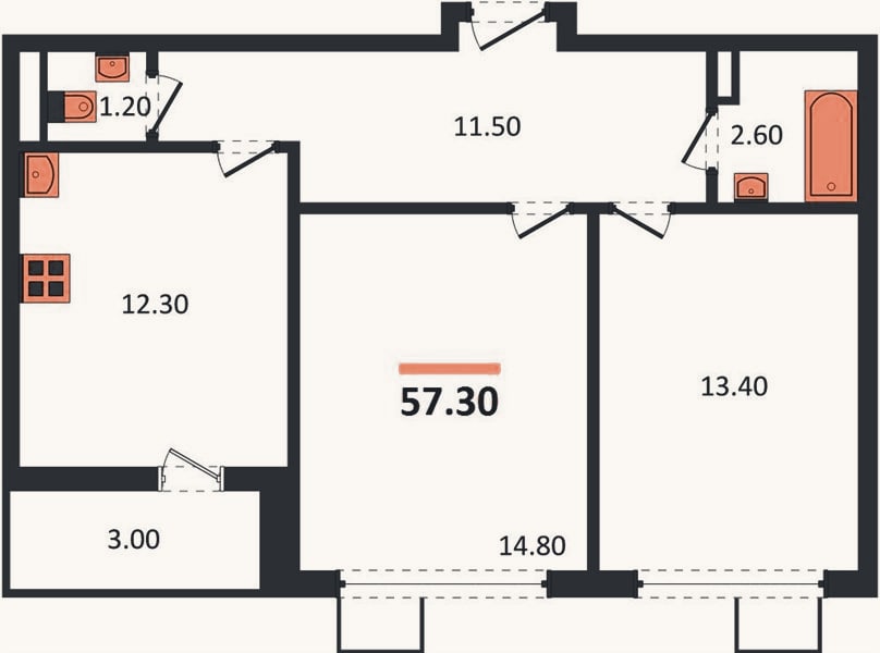 Планировка: 2-к, 57,3 м²