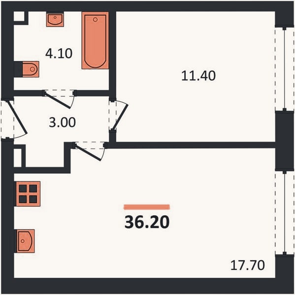 Планировка: 1-к, 36,2 м²