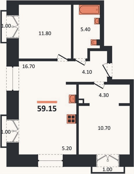 Планировка: 2-к, 59,2 м²