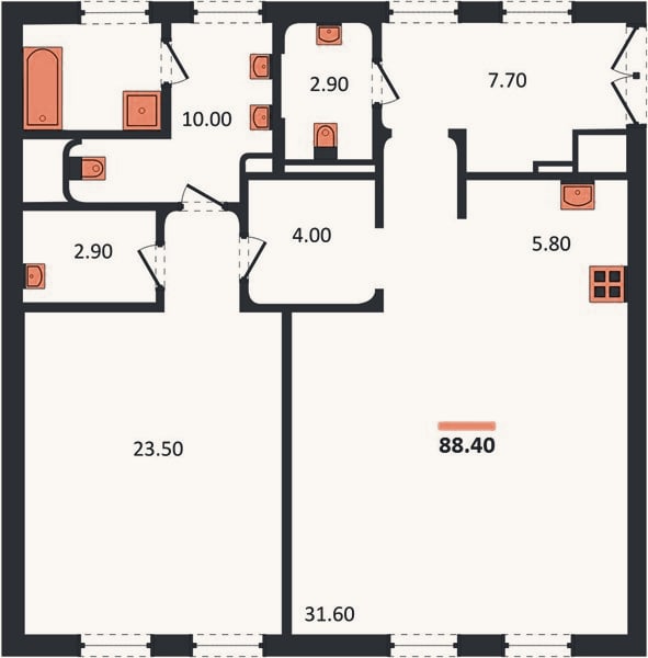 Планировка: 1-к, 88,4 м²
