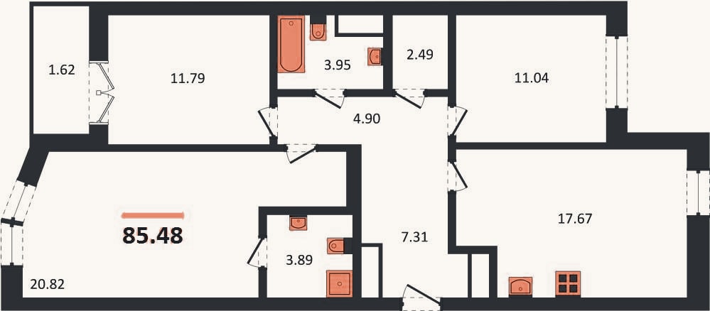 Планировка: 3-к, 85,5 м²