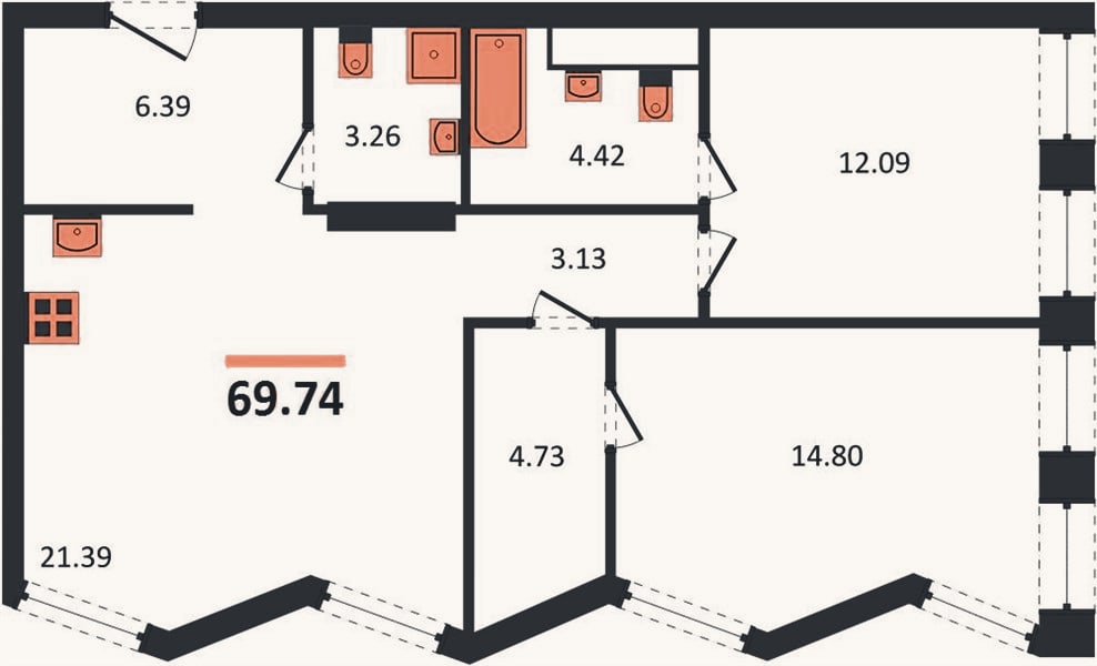 Планировка: 2-к, 69,7 м²