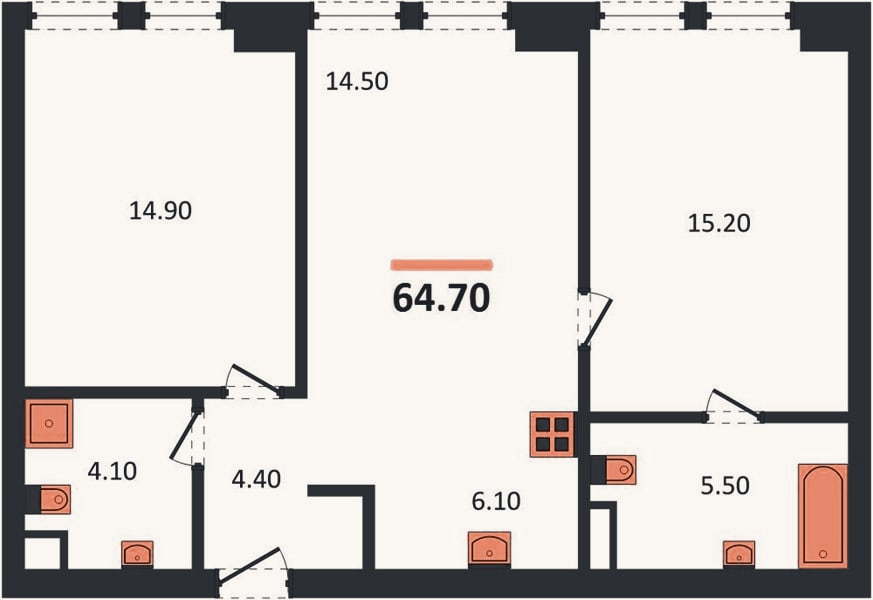 Планировка: 2-к, 64,7 м²