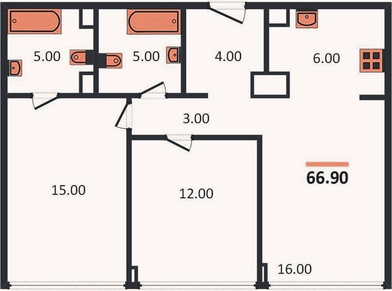 Планировка: 2-к, 66,9 м²