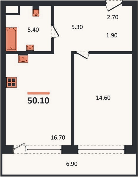 Планировка: 1-к, 50,1 м²
