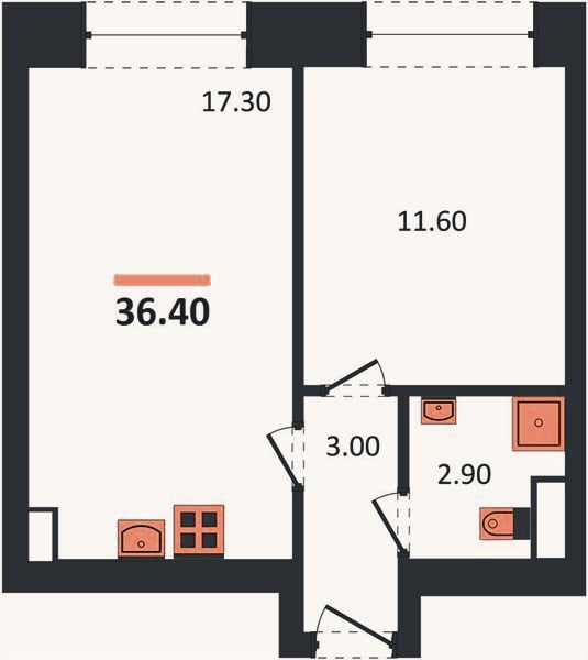 Планировка: 1-к, 36,4 м²