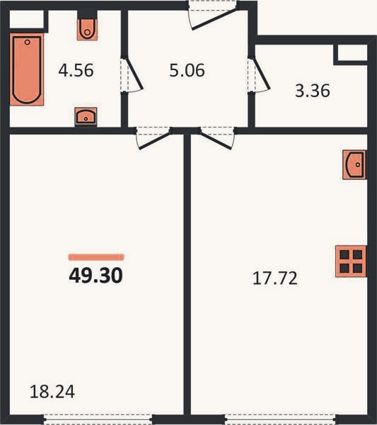 Планировка: 1-к, 49,3 м²