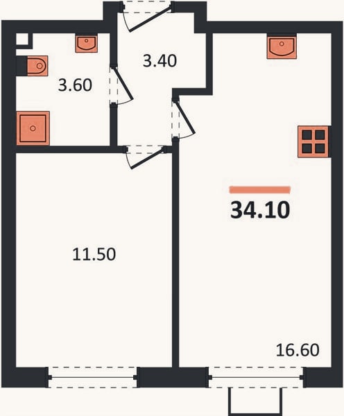 Планировка: 1-к, 34,1 м²