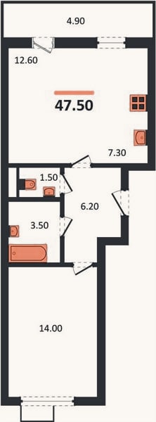 Планировка: 1-к, 47,5 м²
