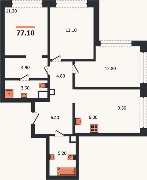 Планировка: 3-к, 77,1 м²