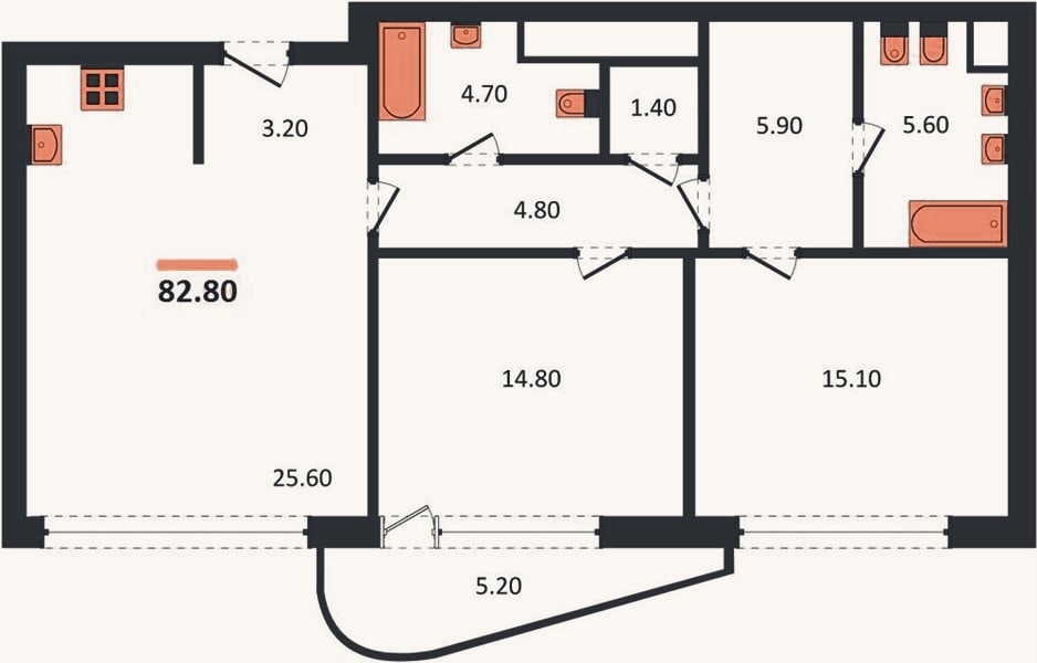 Планировка: 1-к, 82,8 м²