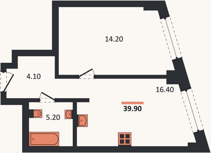 Планировка: 1-к, 39,9 м²