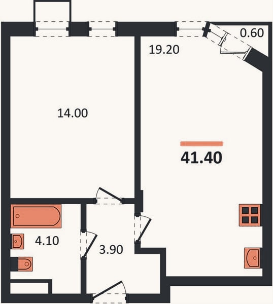 Планировка: 1-к, 41,4 м²