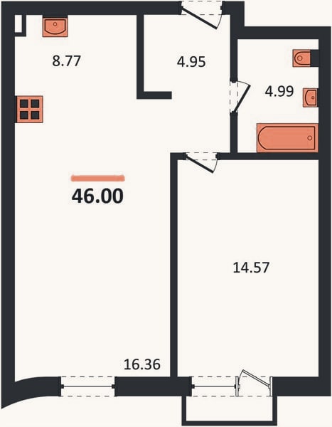Планировка: 1-к, 46 м²
