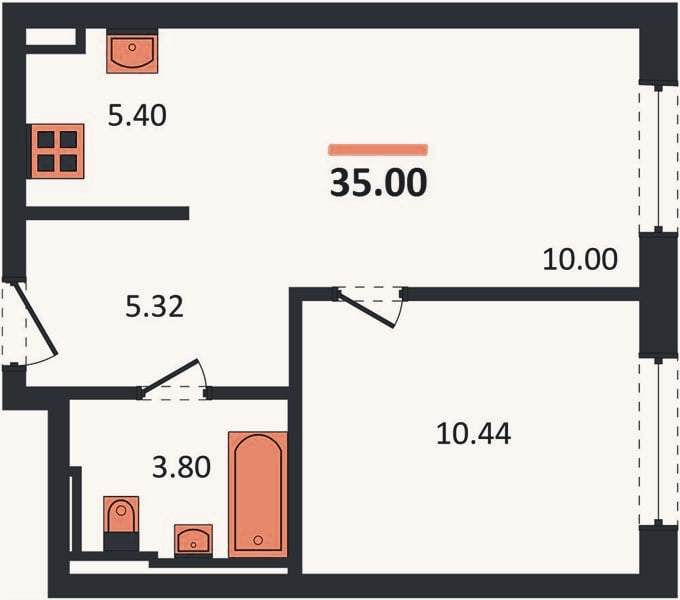 Планировка: 1-к, 34,9 м²
