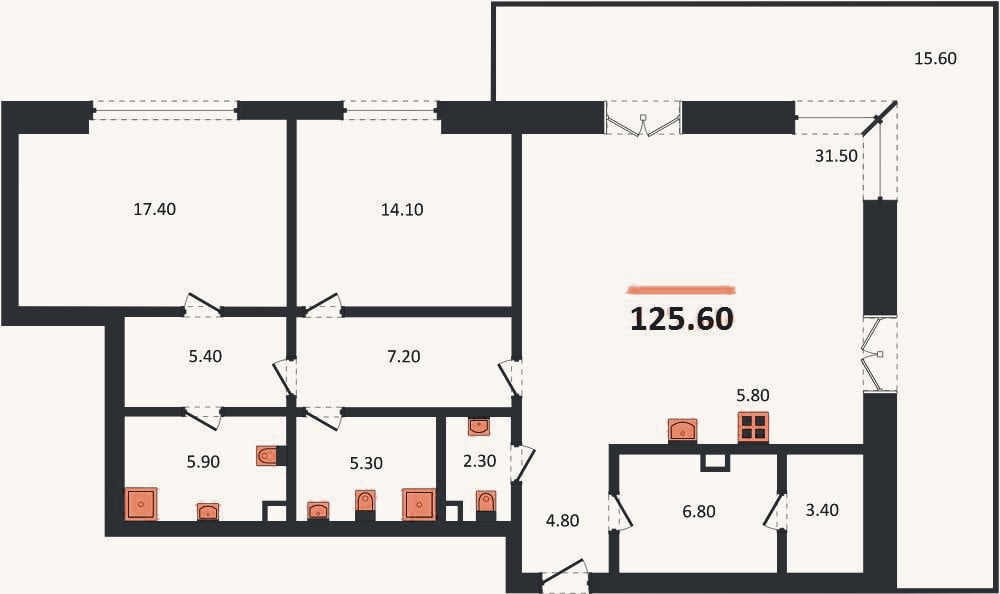 Планировка: 2-к, 125,6 м²