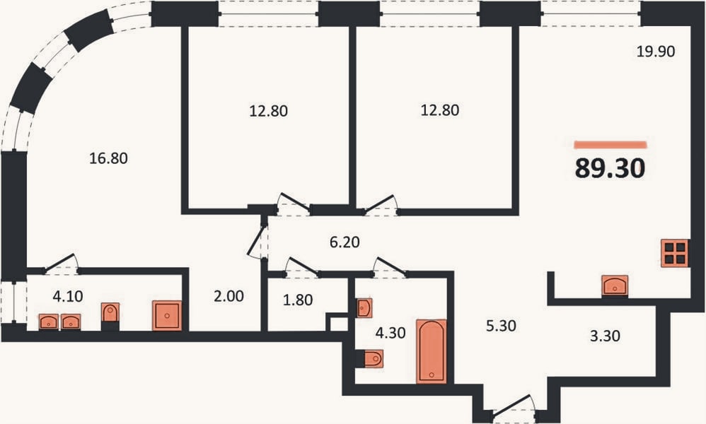 Планировка: 3-к, 89,3 м²