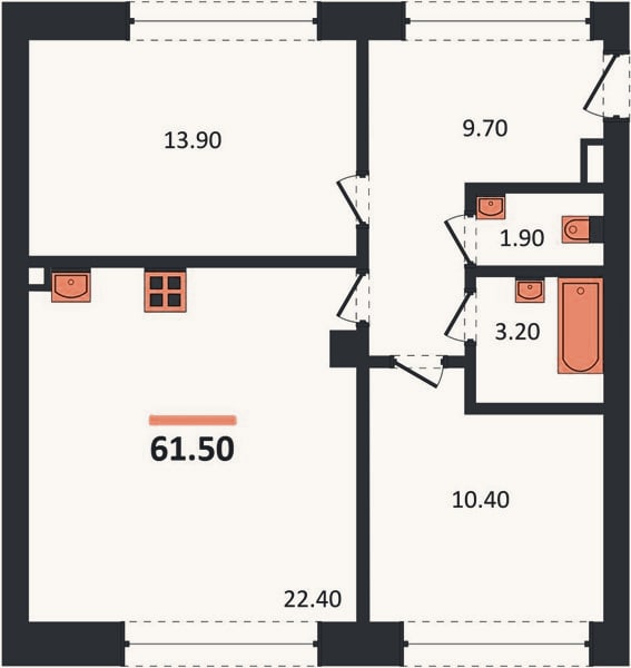 Планировка: 2-к, 61,5 м²