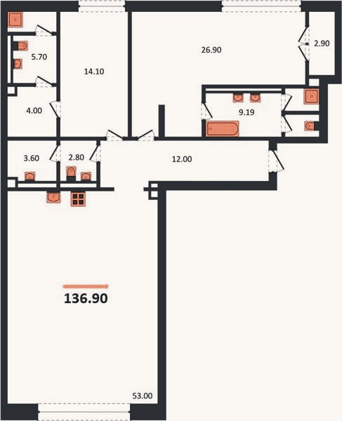 Планировка: 2-к, 136,9 м²