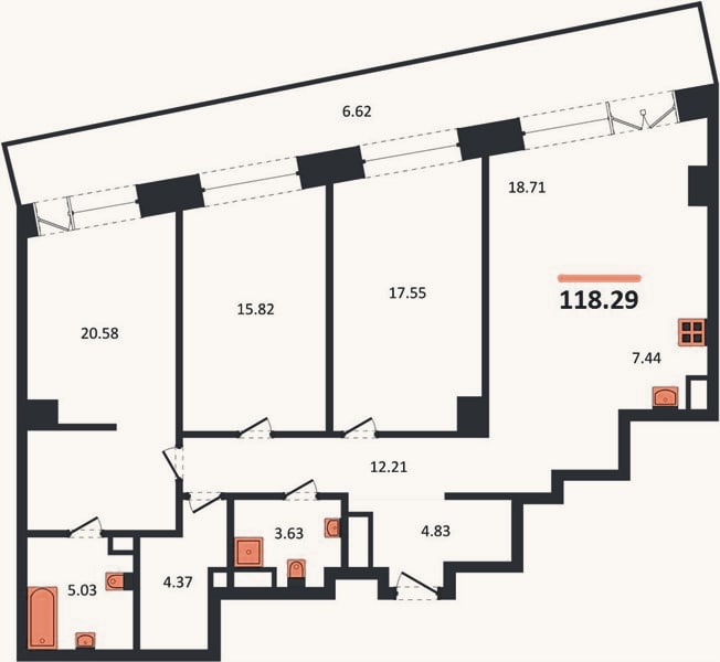 Планировка: 3-к, 118,3 м²