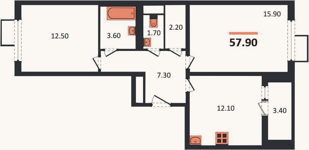 Планировка: 2-к, 57,9 м²