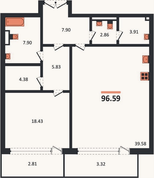 Планировка: 1-к, 96,6 м²