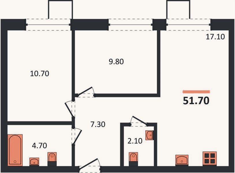 Планировка: 2-к, 51,7 м²