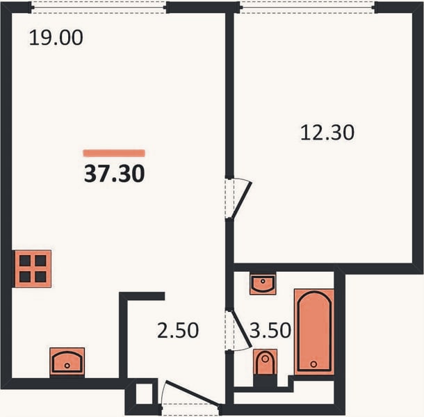 Планировка: 1-к, 37,9 м²