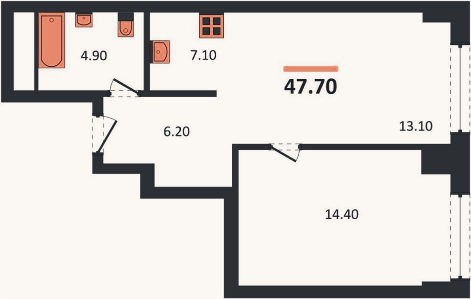 Планировка: 1-к, 47,7 м²