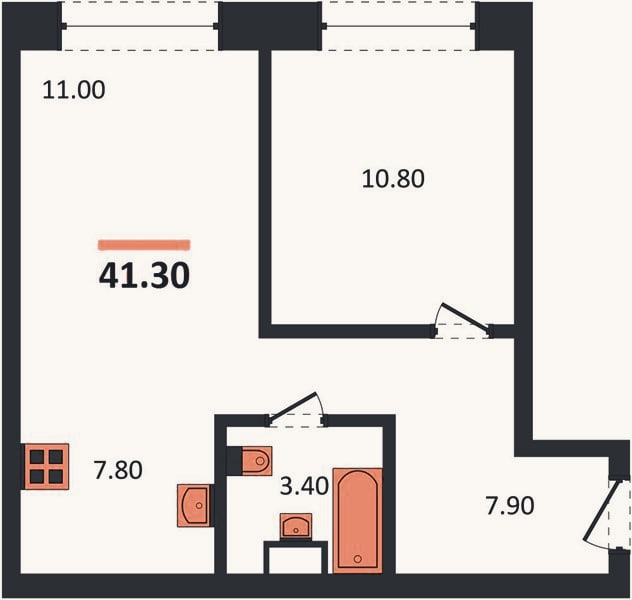 Планировка: 1-к, 41,3 м²