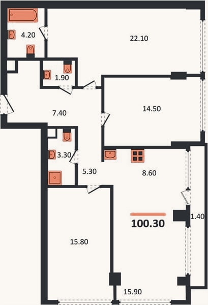Планировка: 3-к, 100,3 м²