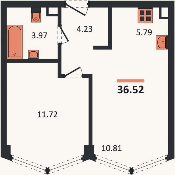 Планировка: 1-к, 36,5 м²
