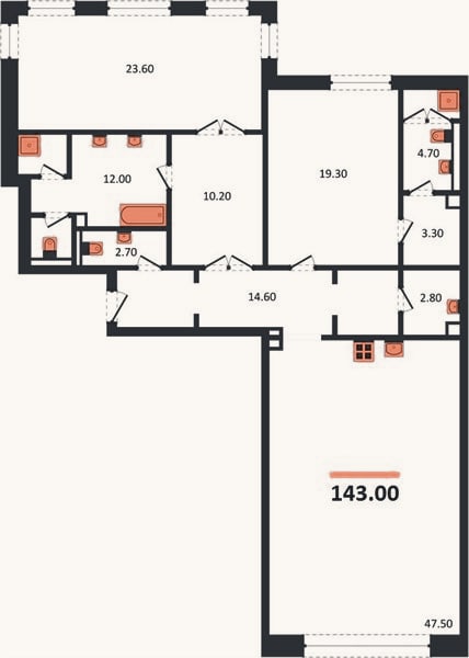 Планировка: 2-к, 143 м²