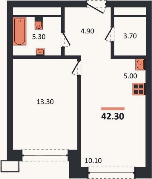 Планировка: 1-к, 42,3 м²