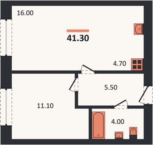 Планировка: 1-к, 41,3 м²