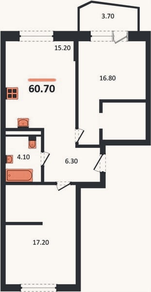 Планировка: 2-к, 60,7 м²