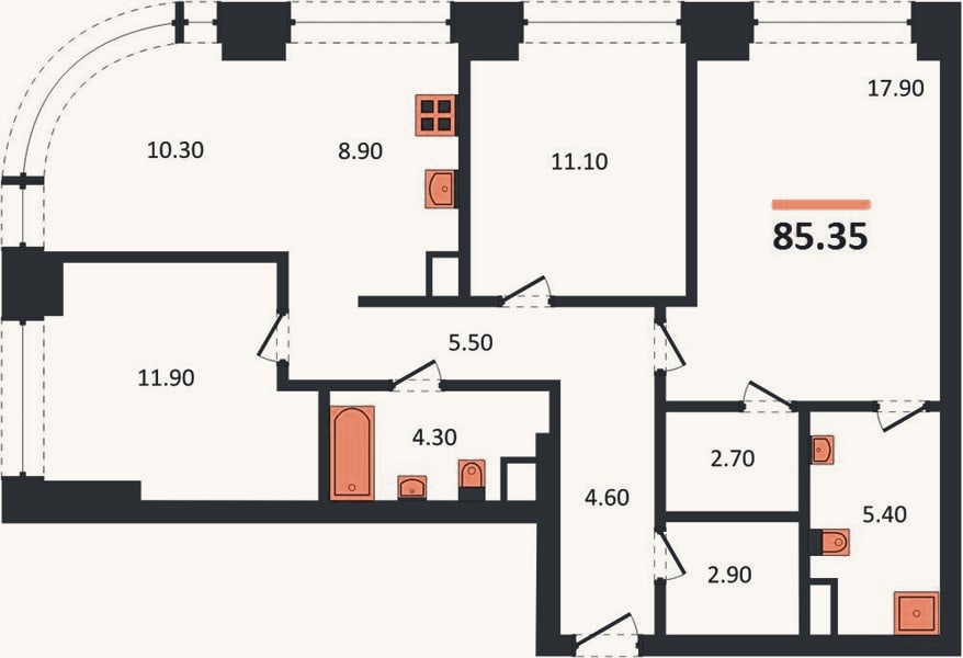 Планировка: 3-к, 85,4 м²