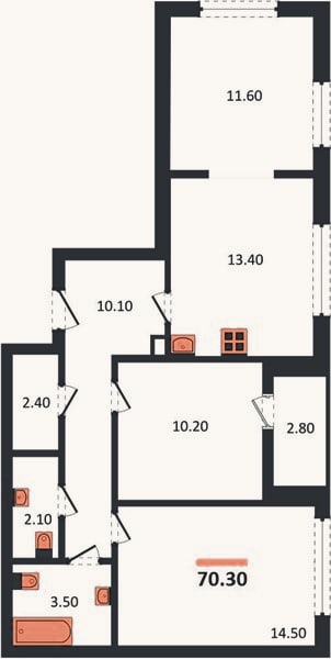 Планировка: 2-к, 70,3 м²