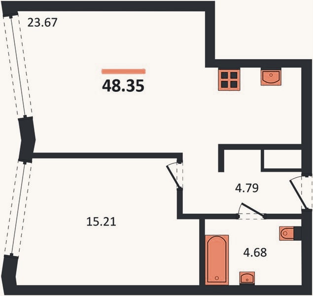 Планировка: 1-к, 48,4 м²