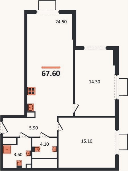 Планировка: 2-к, 67,6 м²
