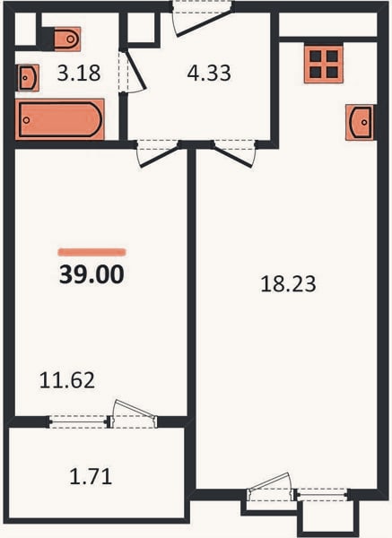 Планировка: 1-к, 39 м²
