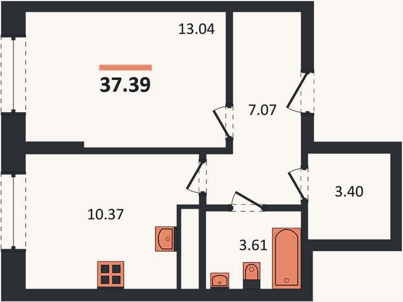 Планировка: 1-к, 37,4 м²
