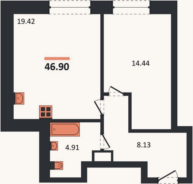 Планировка: 1-к, 46,9 м²