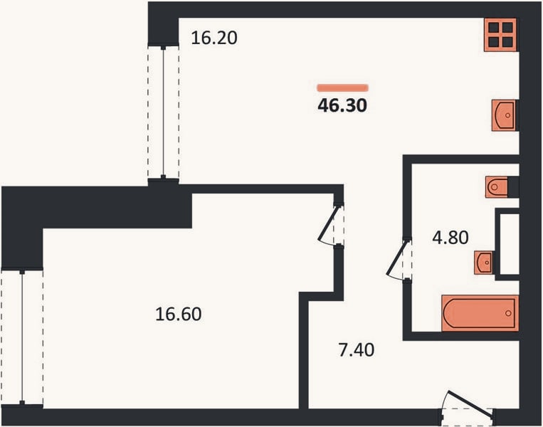 Планировка: 1-к, 46,3 м²